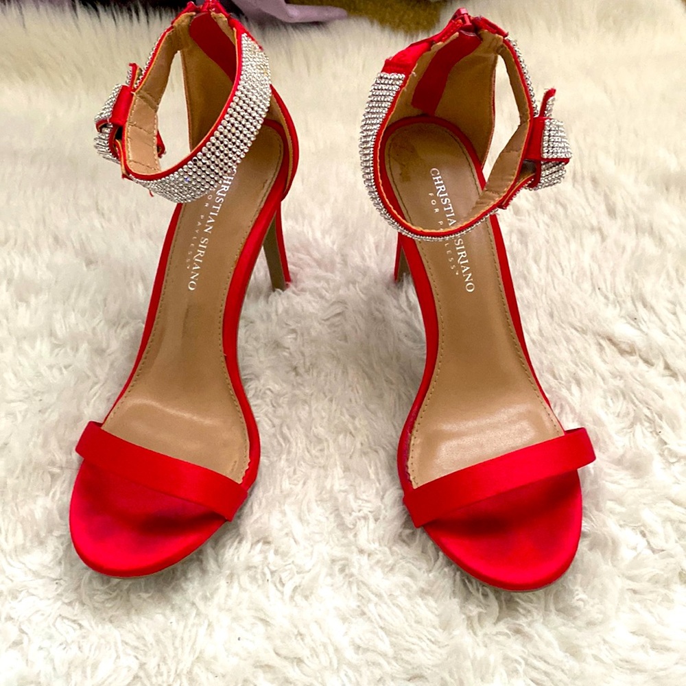 Christian Siriano for Payless red satin rhinestone strapped 4” heels